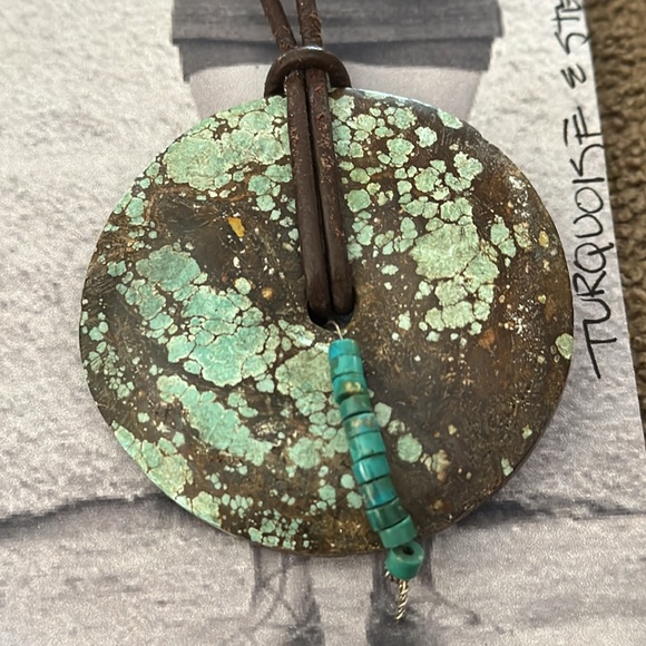 Turquoise & Silver Pendant Leather Cord Necklace (TD) - Picture 2 of 5